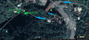 Arrows showing wulai waterslide trailhead on satelite map